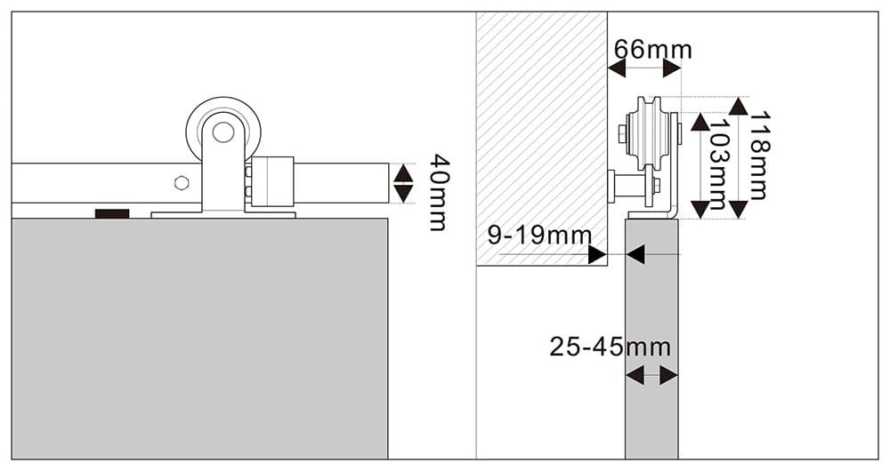 Hvid skydedørskinne inkl. tilbehør, 200 CM - max 100kg